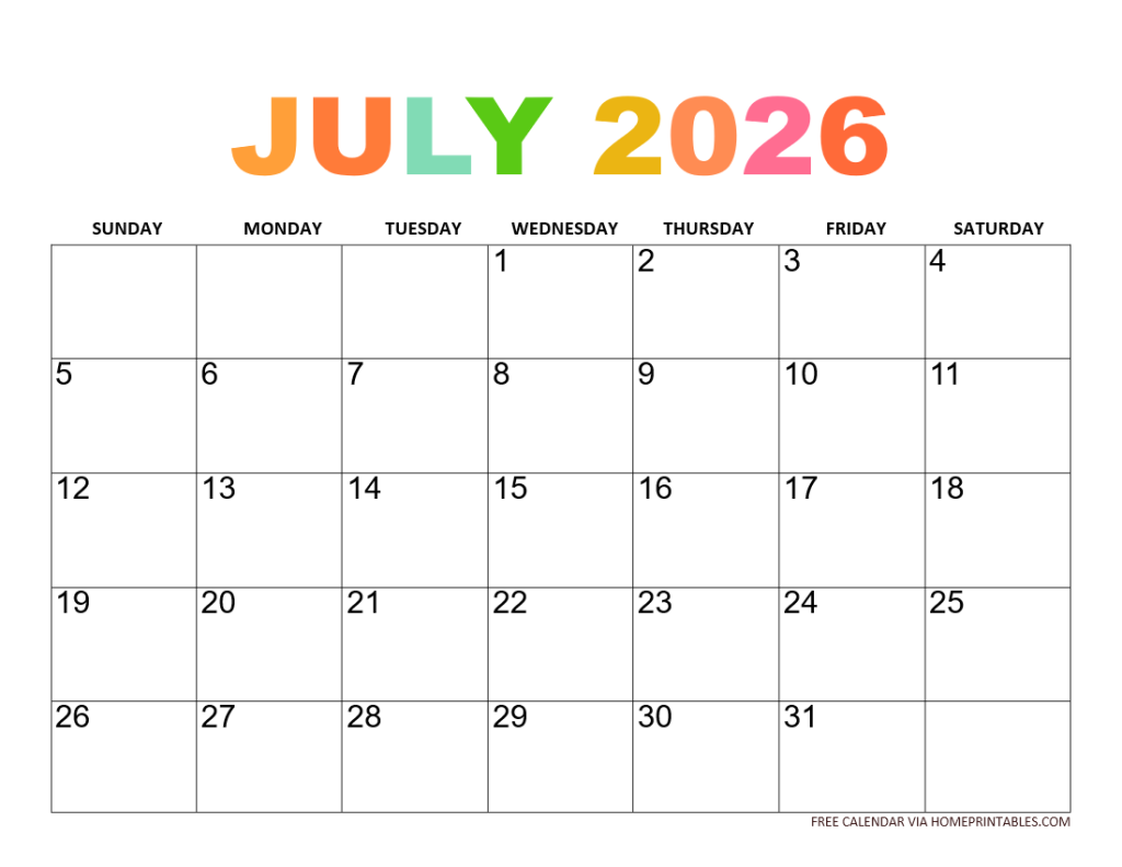 July 2026 Calendar Printable