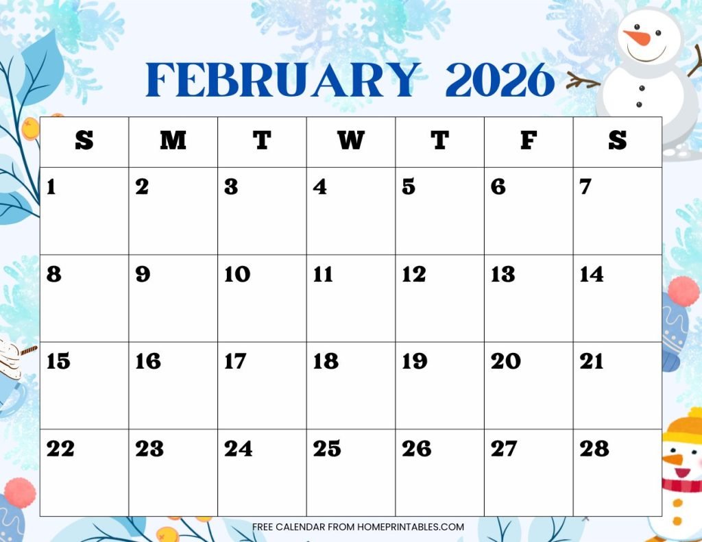 February 2026 calendar cute winter