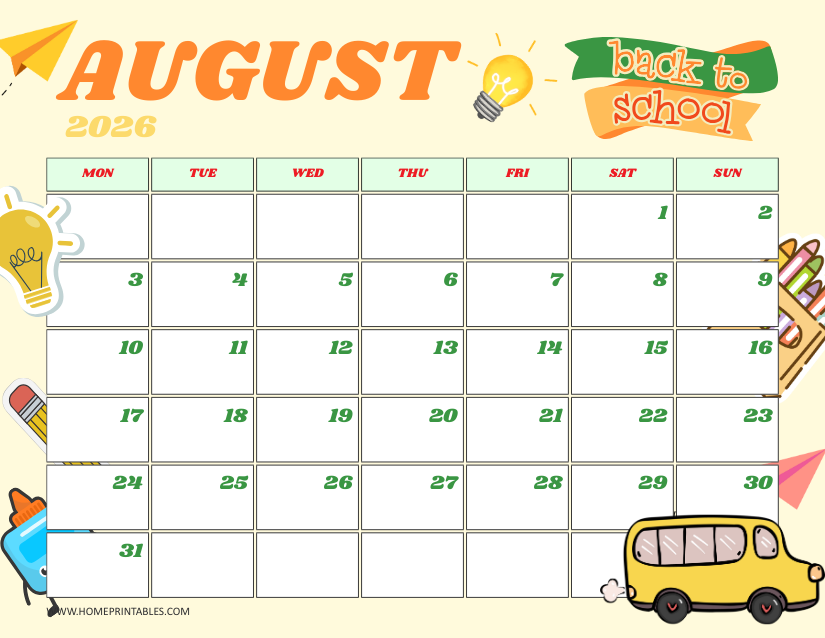 August 2026 calendar for back-to-school cute printable template