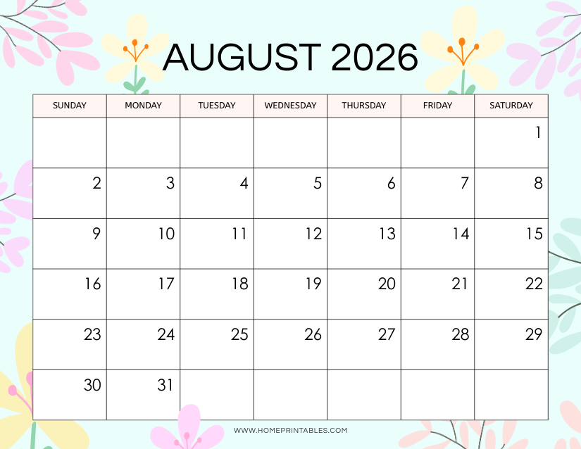 free printable August 2026 floral calendar