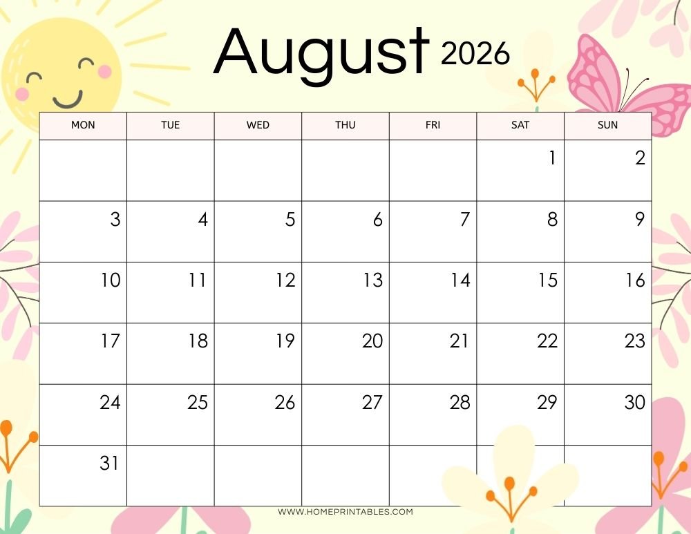 August calendar 2026 printable