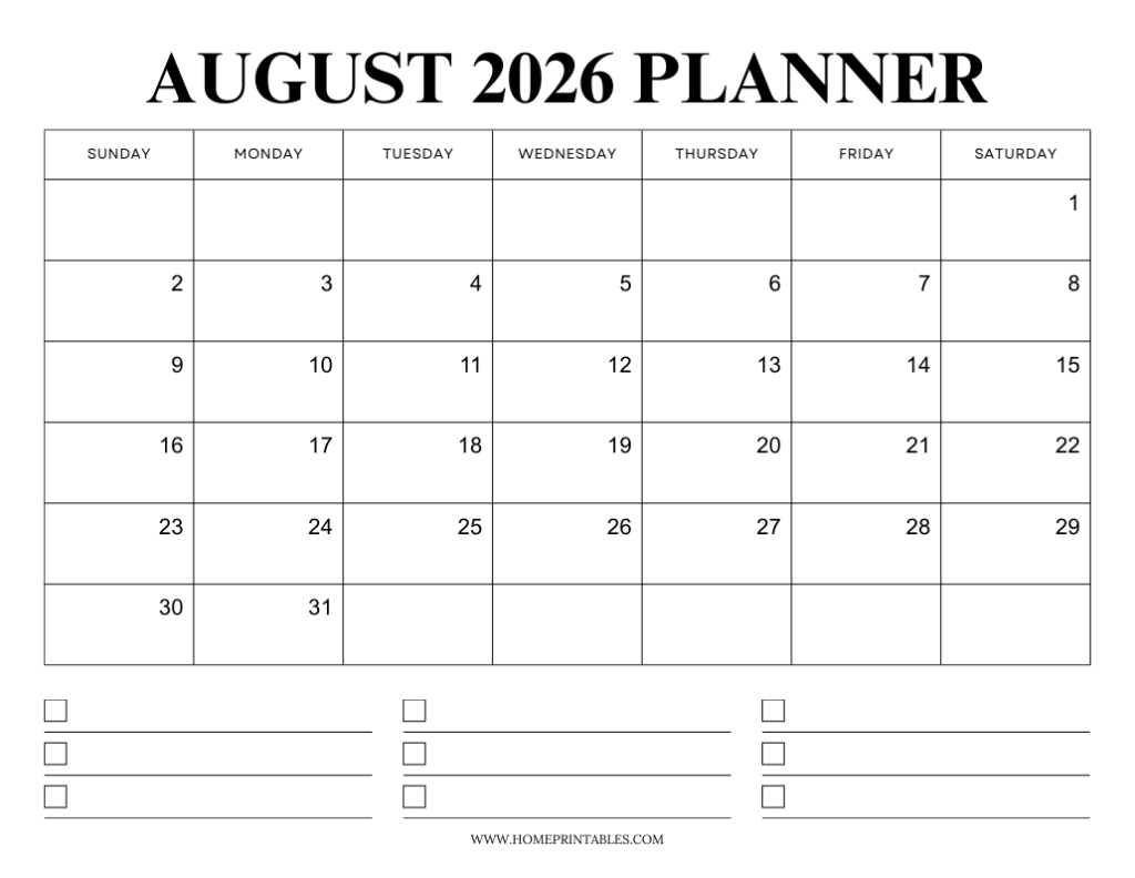 August 2026 calendar planner